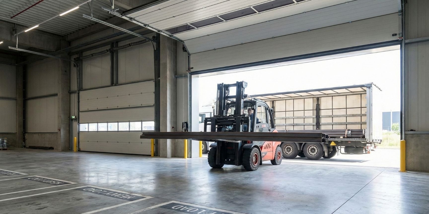 Innenaufnahme einer Logistikhalle mit ebenerdigem Sektionaltor, durch das ein Gabelstapler lange Stahlträger direkt auf einen LKW verlädt. Der belastbare Hallenboden ist mit 'HEAVY LOAD' Markierungen versehen.